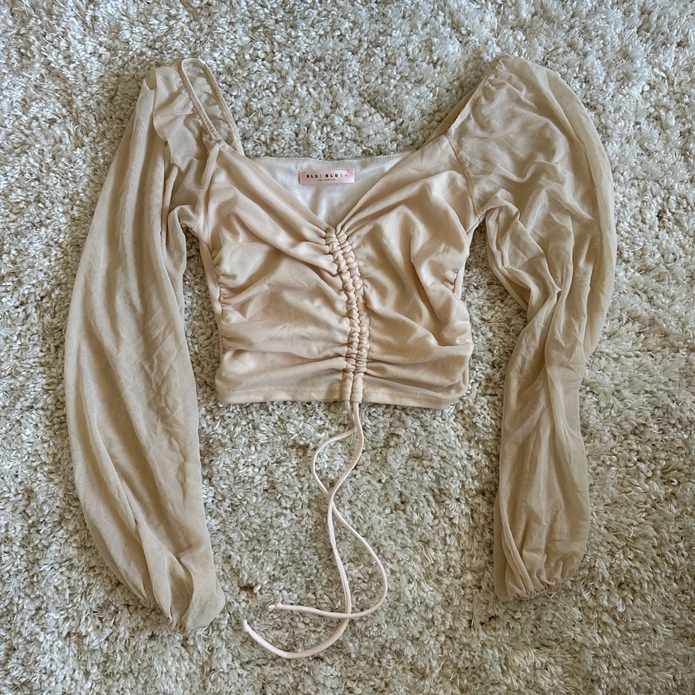 Blue Blush Nude Cropped Top Bubble Long Sleeve